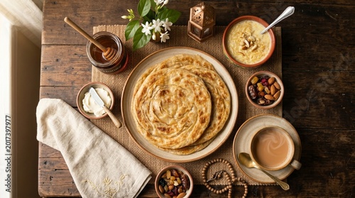 Traditional South Asian Breakfast with Flaky Lacha Paratha, Chai, and Vermicelli Kheer