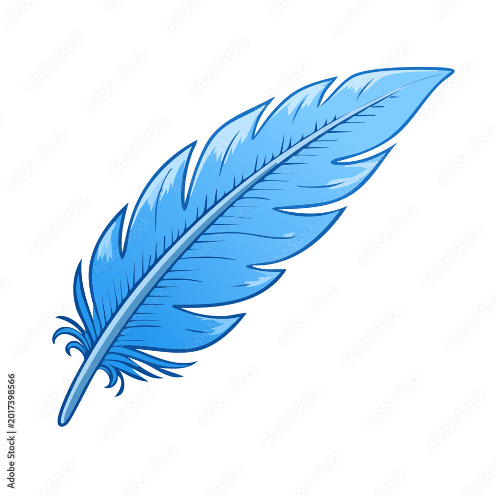 Fototapeta premium Illustrative light blue feather with delicate details on a plain background