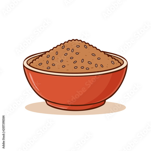 Hand-drawn illustration of a red bowl filled with brown rice and sesame seeds