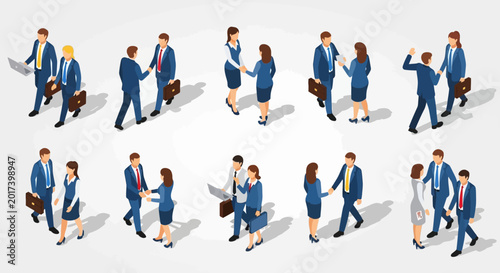 Business people shaking hands in various professional settings.