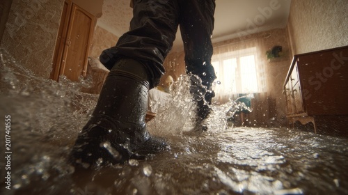 Person in boots splashes through flooded room