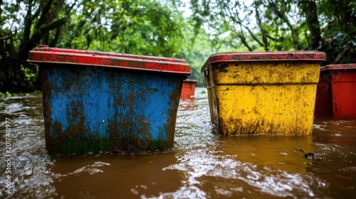 Discarded colorful plastic containers floating in muddy water near a riverbank after a storm