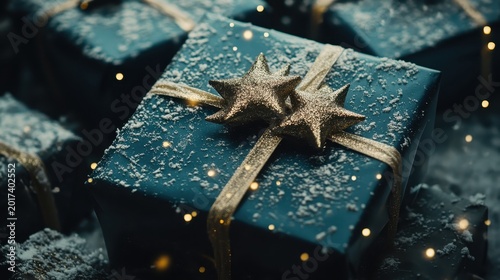 Festive blue gift box adorned with golden stars and ribbon, dusted with snow, illuminated by bokeh lights, perfect for winter holidays.