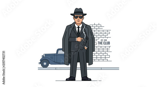 Фотография Retro Gangster with Cigarette and Vintage Car