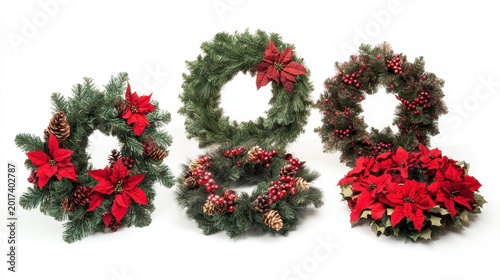 Festive Holiday Wreaths with Red Poinsettias and Berries Displayed on a White Background