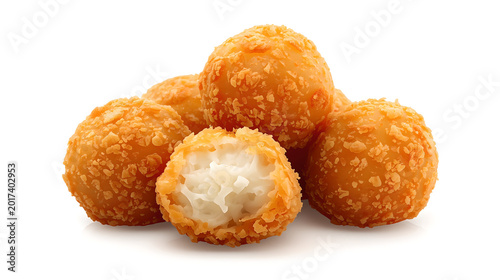 Golden Brown Crispy Potato Croquettes On A White Background With One Croquette Bitten Open Showing Fluffy Interior