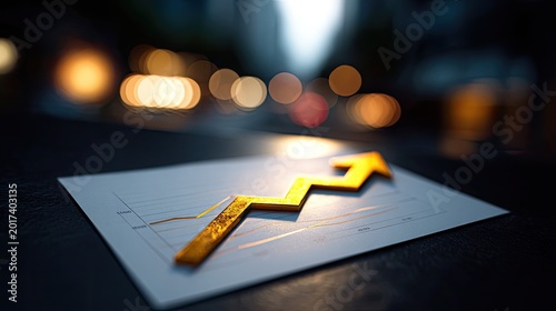 A golden arrow chart on a document, signifying financial growth