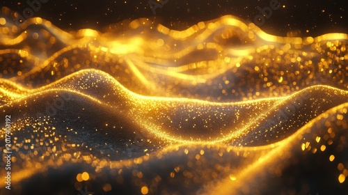 Golden abstract waves with glowing particles representing financial market growth and economic trends