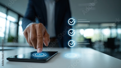 A finger presses a glowing button on a tablet, checklist icons appear