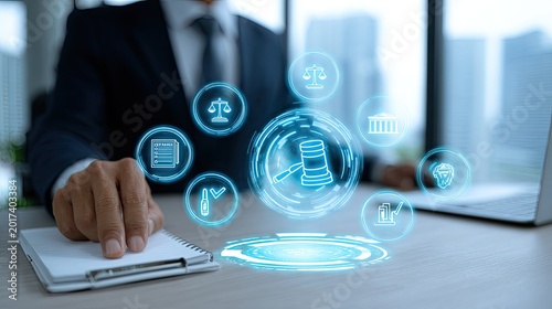 A person in a suit interacts with a futuristic holographic legal interface