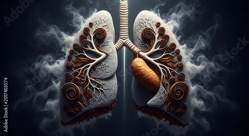 Human Lungs with Tree-like Bronchioles and Smoke, Representing Respiratory Health Issues.