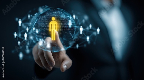 A hand points to a glowing human icon on a digital globe with network connections