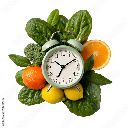 Alarm Clock with Vitamins and Fresh Green Vegetables on White Background