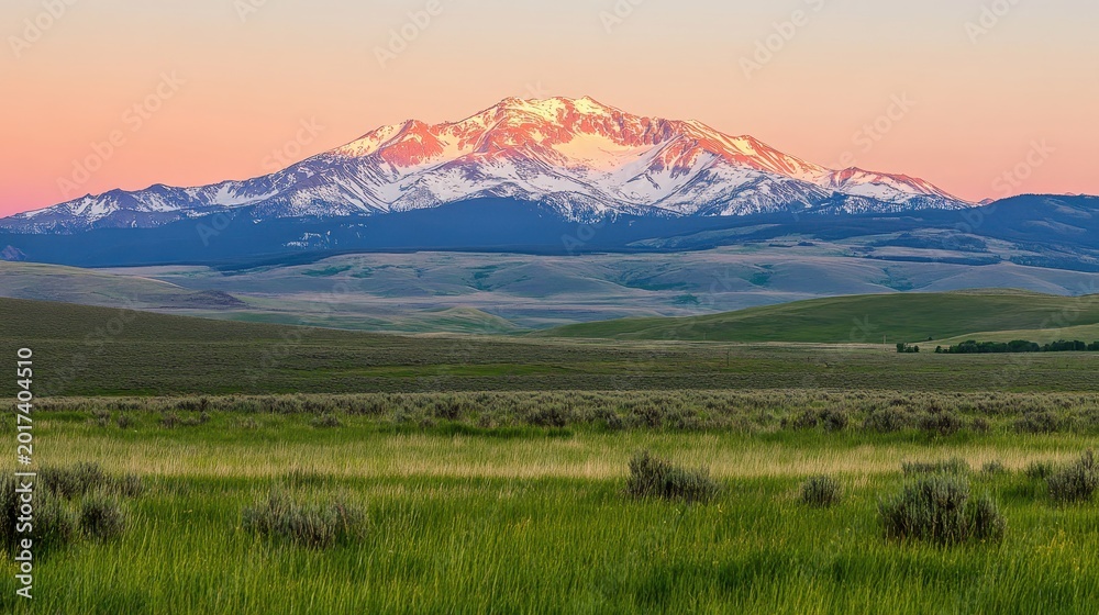 Obraz premium Majestic snow-capped mountain range bathed in warm twilight hues with expansive grassy fields below
