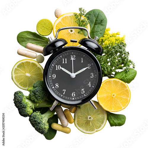 Alarm Clock with Vitamins and Fresh Green Vegetables on White Background
