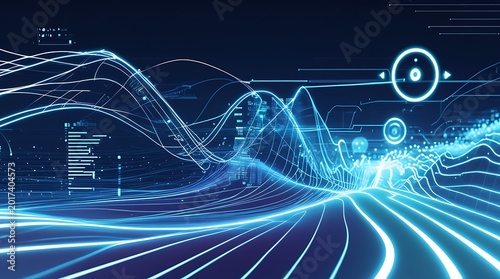 Abstract Futuristic Blue Data Wave Technology Background with Digital Light Lines