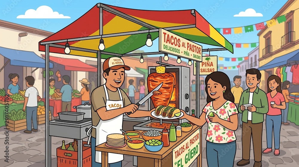Obraz premium Vibrant Mexican street food market illustration, a bustling outdoor taco stand serving delicious al pastor tacos, lively cultural festival scene with colorful flags and happy people enjoying