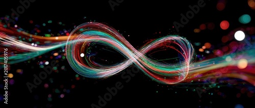A swirling, multicolored infinity symbol glows against a dark background