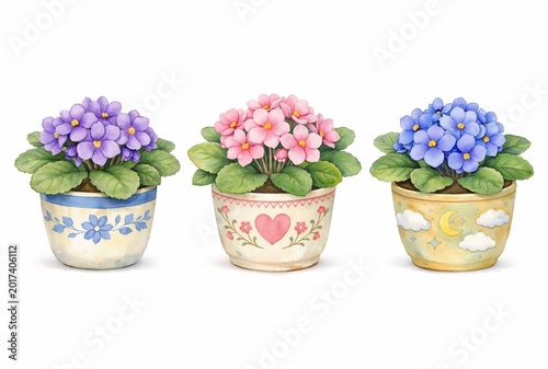 Set of watercolor pots with purple and pink African Violet plants isolated on white background 