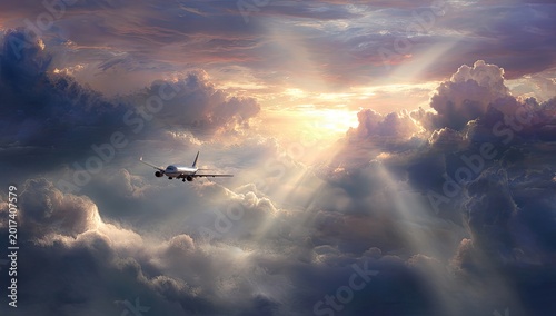 Jetliner soaring through dramatic, sunlit clouds at sunrise