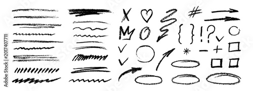 Crayon scribble line with hand drawn chalk, pencil, pen and charcoal texture. Doodle with highlight brush stroke and circle mark. Vector check crayon with sketch squiggle line.