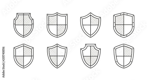 Collection of eight shield icons in a simple line art style.