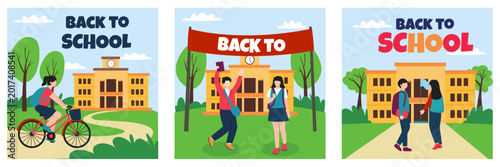 Obraz na płótnie Back to school vector illustration set, students arriving at campus building, ch
