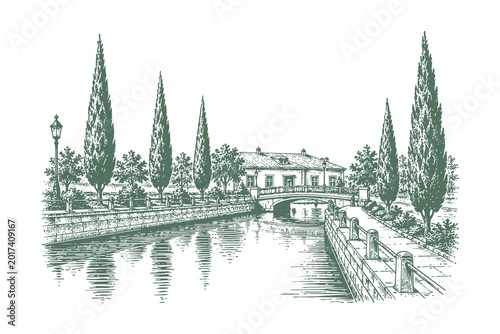 Fotografija Classic line art vector illustration of a scenic canal path with European style architecture, stone walkways, and tall trees reflected in water
