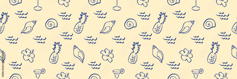 Obraz premium Amalfi Coast Summer Doodle Seamless Pattern With Pineapple, Surfboards, Hibiscus Flowers and Cocktails. Vector illustration