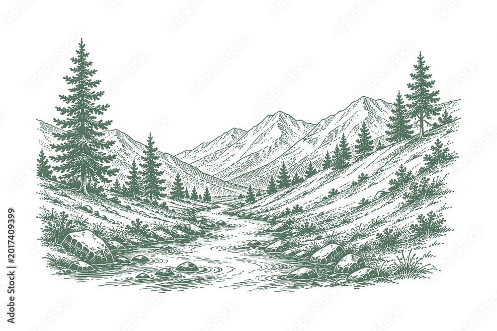 Fototapeta premium Majestic mountain valley vector illustration in vintage etching style with a winding stream, pine trees, and jagged peaks in the distance.