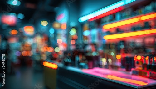 Vibrant Neon Bar Interior with Blurred Lights and Bokeh Effects.