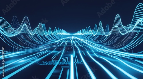 Abstract Futuristic Blue Data Wave Technology Background with Digital Light Lines