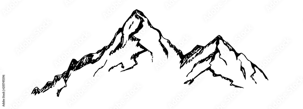 Obraz premium Doodle sketch style of mountain set. Landscape hand drawn. Rocky hills, ranges. Expedition or adventure vintage illustration.