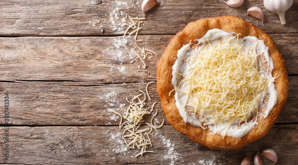 Fototapeta premium Lángos ungherese con panna acida e formaggio su tavolo rustico. Generative AI 