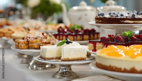 Abundant dessert buffet featuring cheesecakes, tarts, and pastries