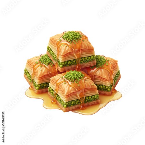 A digital drawing of a pyramid of baklava topped with honey, pistachios, and green peas, Isolated on transparent background