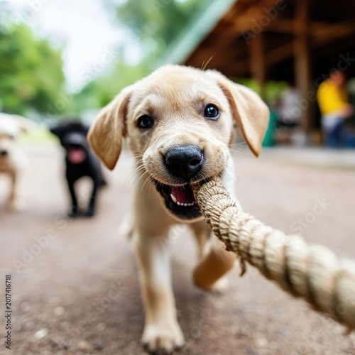 Playful Puppy Chewing on Rope Toy in Outdoor Setting