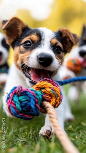 Playful puppy enjoying a colorful toy in a sunny outdoor setting
