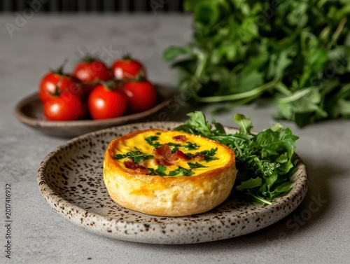 Savory Quiche with Fresh Greens and Tomatoes on Rustic Plate