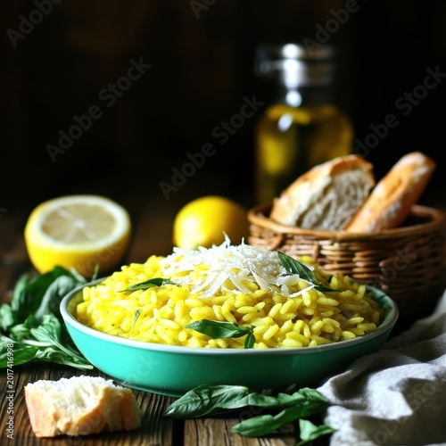 Fresh Lemon Risotto Garnished with Herbs and Bread on Wooden Table