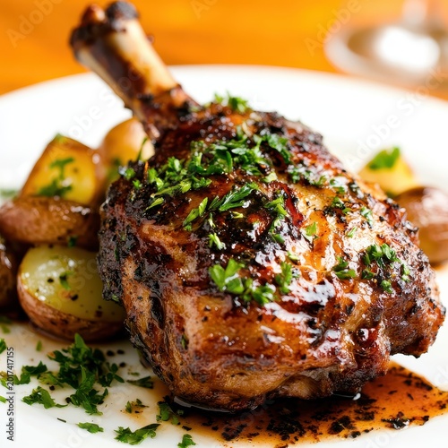 Juicy Grilled Chicken Leg with Herbs and Roasted Potatoes Plated