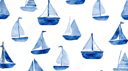 watercolor nautical illustration pattern with navy sailboats. Simple hand-painted yacht illustration for nursery wallpaper and kids fabric design.