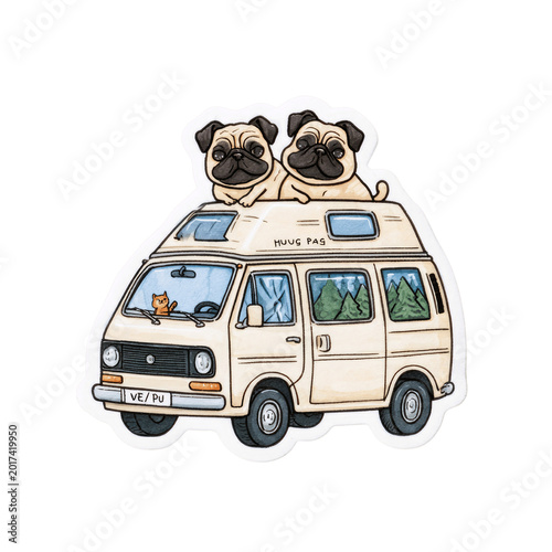 Cartoon Volkswagen van driving with pugs on roof through landscape