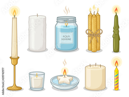 Foto Set of colorful candles and jar with wax vector illustration on white background