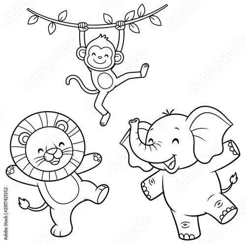Photography Cartoon animals illustration lion elephant and monkey playful scene