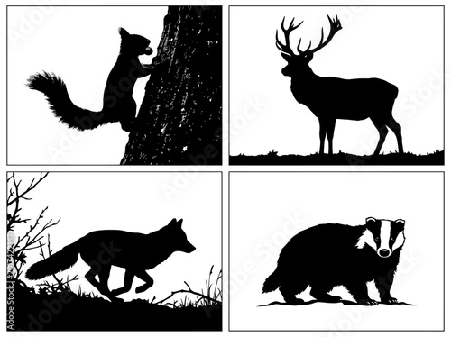 Four black silhouettes of wild animals including a squirrel, stag, fox, and badger, depicted in a graphic, minimalist style.