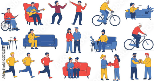 Foto Active Lifestyle and Social Interaction Vector Set with People Cycling, Dancing,