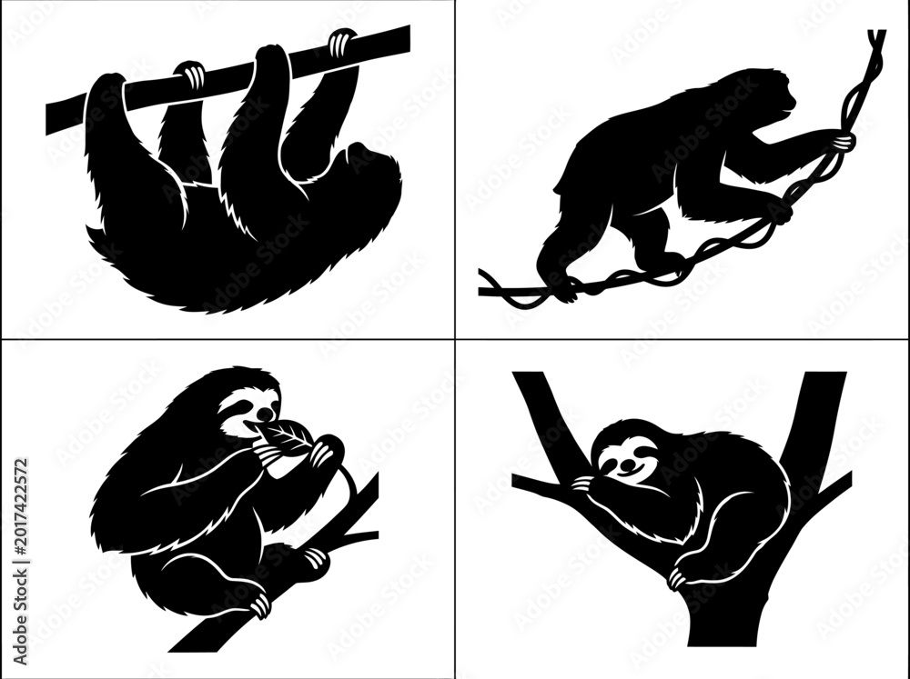 Fototapeta premium Four black silhouette illustrations of sloths in various natural poses, including hanging, climbing, eating, and sleeping in trees.