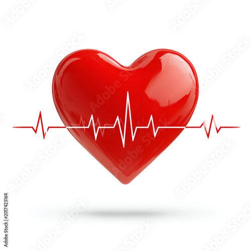 Red Heart with Heartbeat Line Isolated on White Background