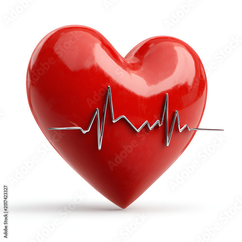 Red Heart with Heartbeat Line Isolated on White Background